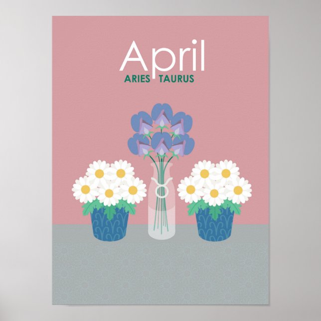 April- Birth Flowers & Zodiac Symbols Poster (Framsidan)