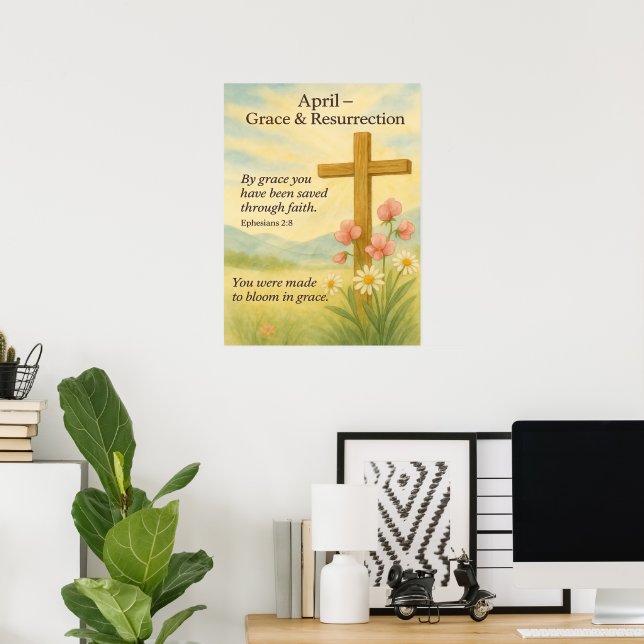 April Birthday Bible Verse Cross and Resurrection  Poster (Hemmakontoret)
