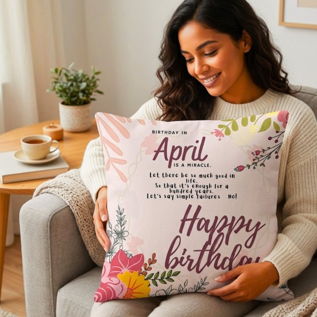 April Birthday Miracle Floral Quote Square Kudde (Skapare uppladdad)