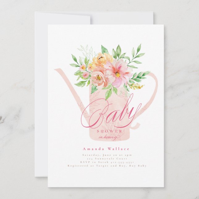 April Flowers Watering Can Baby Shower-inbjudan Inbjudningar (Framsida)