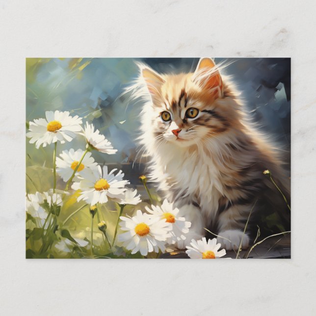 April födelsedagsblomma Tusenskönor och kattunge Vykort (Framsida)