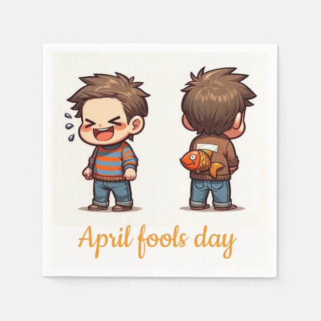 April Fools Day Fishing Boys Paper Napkins Pappersservett (Framsidan)