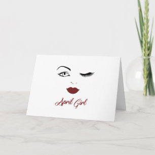 April Girl Ögon Cute Red Läppar Wink Birthday Kort
