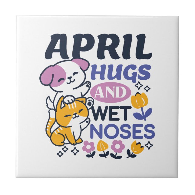 April Hugs and Blöt Noses - Cute Hund and Cat Art Kakelplatta (Framsidan)