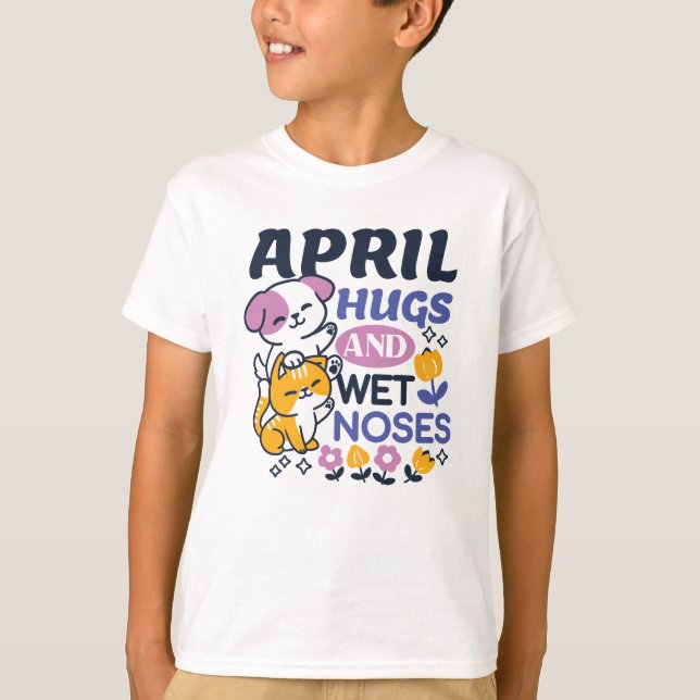April Hugs and Blöt Noses - Cute Hund and Cat Art T Shirt (Framsida)