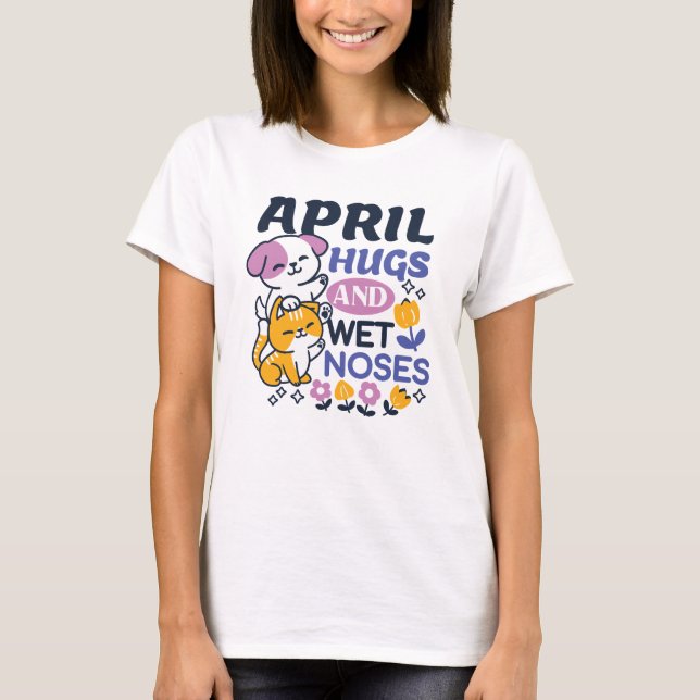 April Hugs and Blöt Noses - Cute Hund and Cat Art T Shirt (Framsida)