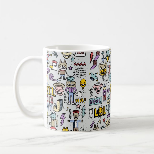 April-idioten dag, rolig dodle, färgfull uppsättni kaffemugg (Vänster)