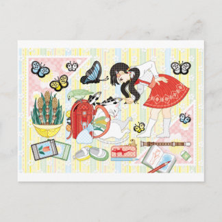 April illustration "Cat and school bag" Vykort