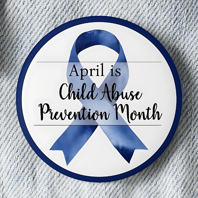 April månad för förebyggande av övergrepp mot barn knapp (Blue awareness ribbon.  April is Child Abuse Prevention Month pinback button.)