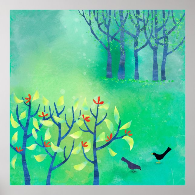 April Modern Grönt liggande naturmålning Poster (Framsidan)