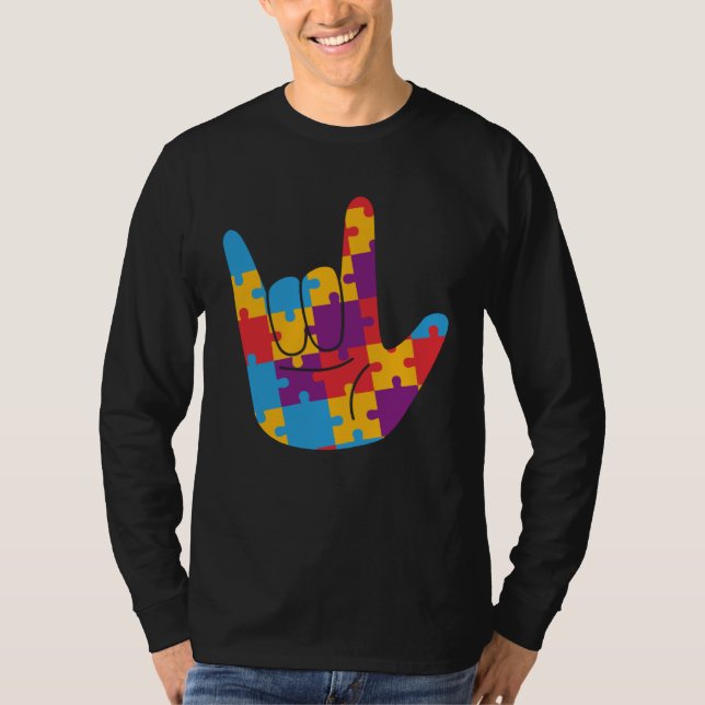 April National Autism Awareness Month ASL Love Sig T Shirt (Framsida)
