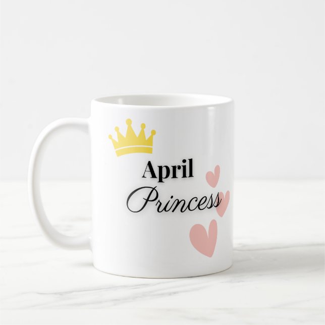 April Princess Mug – Gold Crown & Hearts Design Kaffemugg (Vänster)