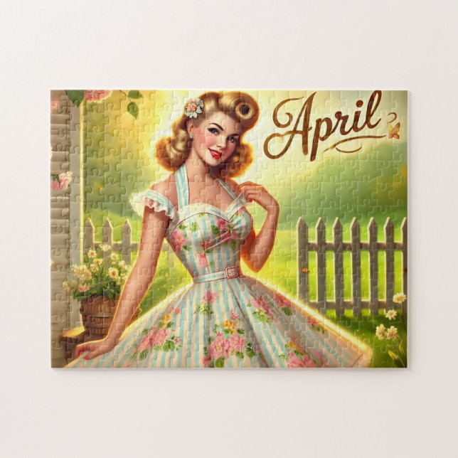 April Retro Blond Pin-Up Vårflicka  Pussel (Horisontell)