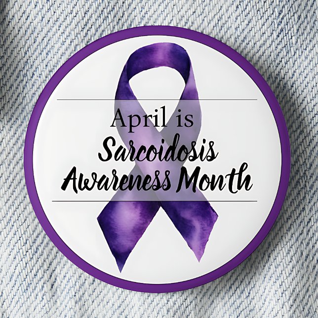 April Sarcoidosis Awareness Month Knapp (April Purple Ribbon Sarcoidosis Awareness Month pinback button.)