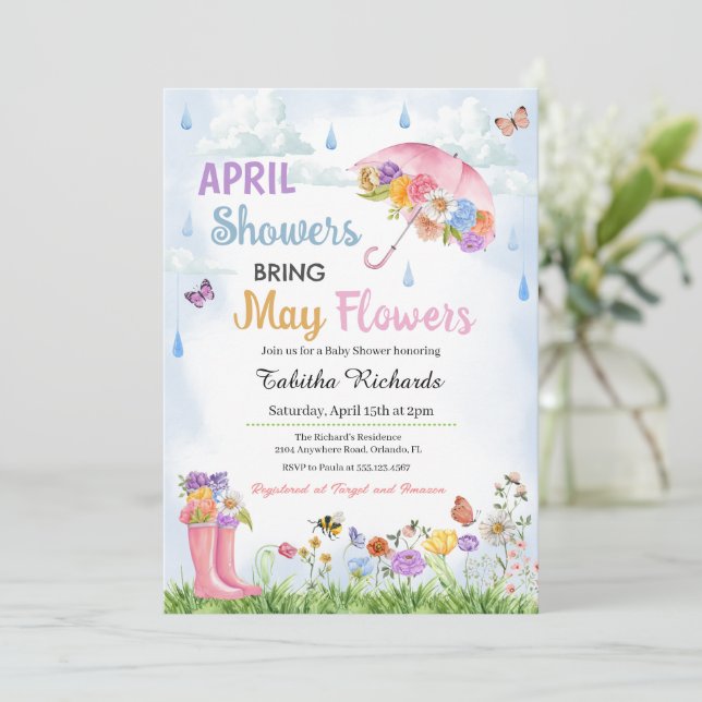 April Shower Hämta maj Flowers Vår Baby Shower Inbjudningar (Stående Fram)