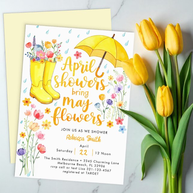 April Shower Hämta May Flowers Baby Shower Invita Inbjudningar (April showers bring May Flowers Baby Shower Invitations)
