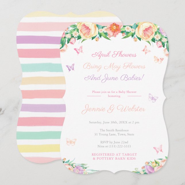 April Shower May Flowers Girl Pastel Baby Shower Inbjudningar (Fram/baksida)