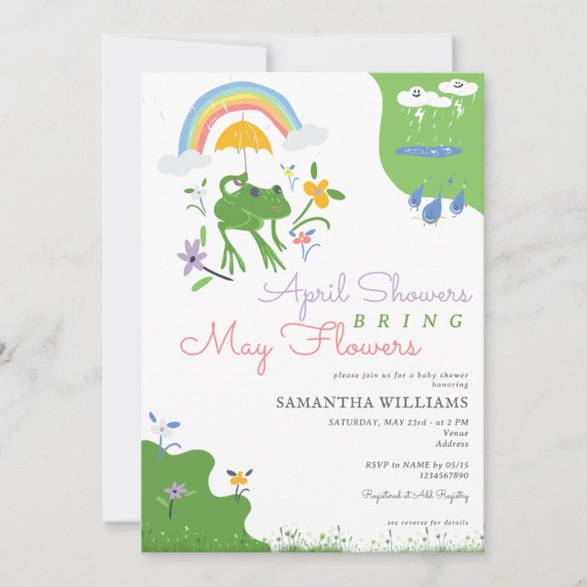 April Shower tar med maj Blommor Frog Baby Shower Inbjudningar (Framsida)