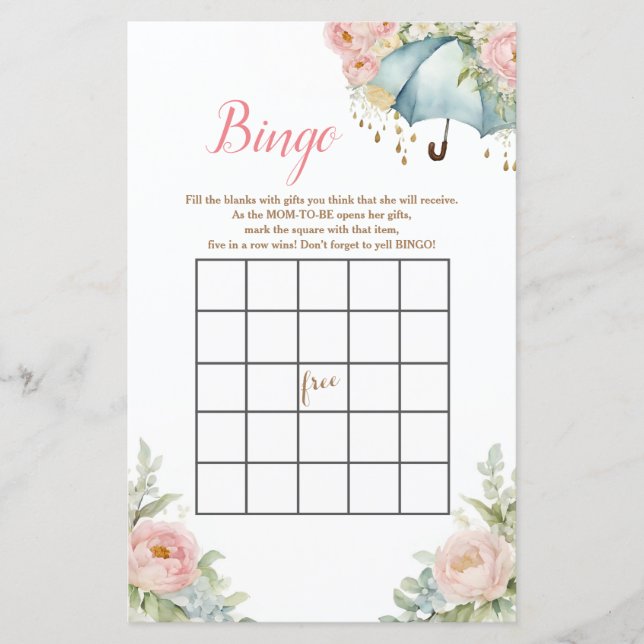 April Shower Umbrella Baby Shower Bingo (Framsida)