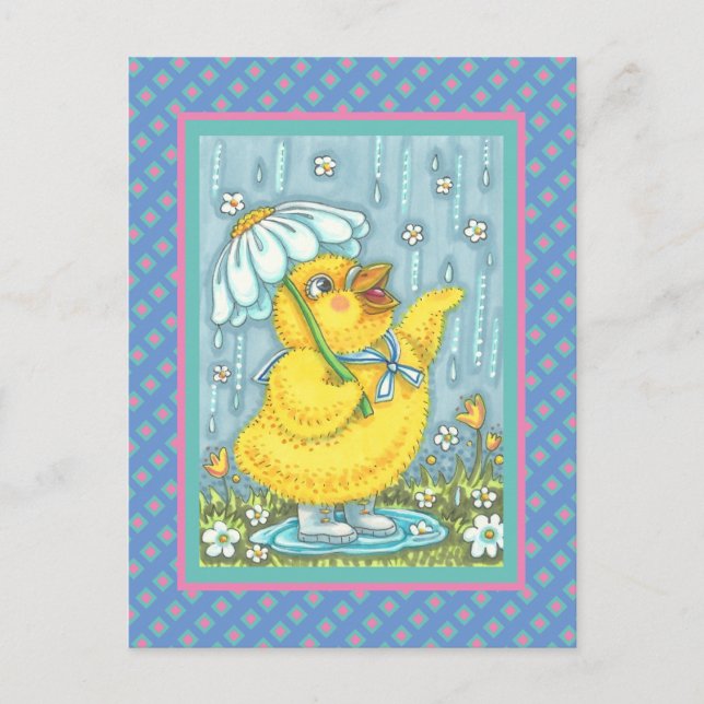 APRIL SHOWERS FLOWERS, VÅR CHICK POSTCARD VYKORT (Framsida)