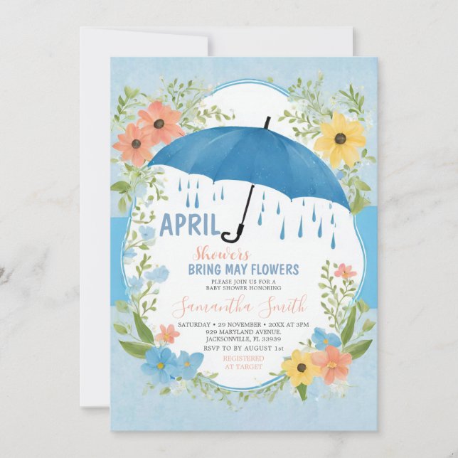 Aprilregn Ger Majblommor Blå Paraply Inbjudningar (Framsida)