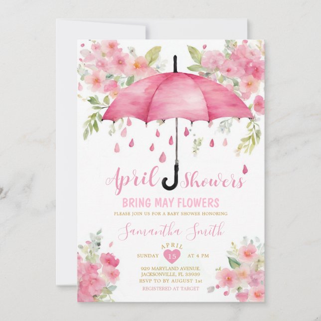 Aprilregn Ger Majblommor Rosa Paraply Inbjudningar (Framsida)