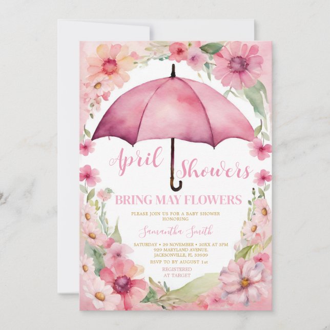 Aprilregn Ger Majblommor Rosa Paraply Inbjudningar (Framsida)
