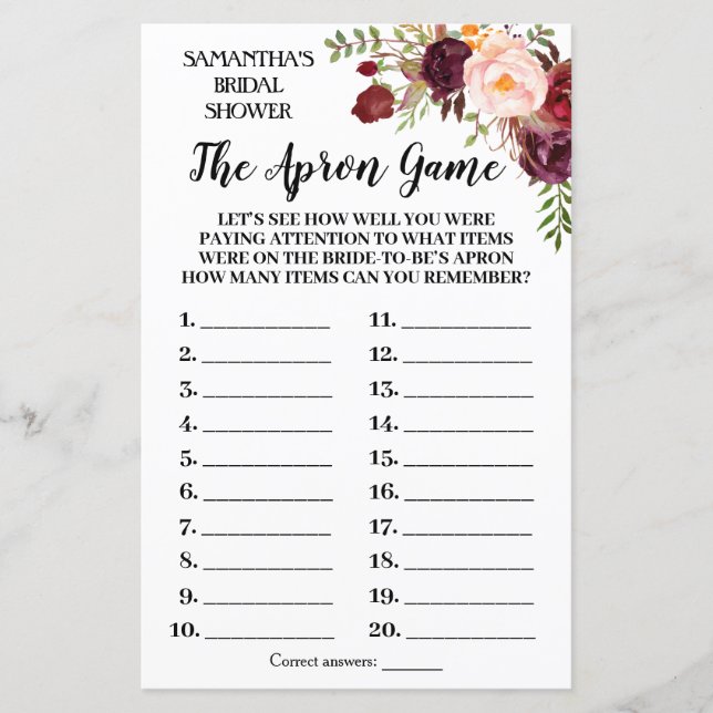 Apron Marsala Flowers Möhippa Game (Framsida)