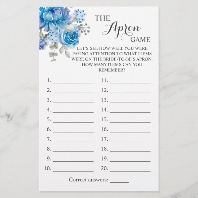 Apron Shower Blue Flower Game Card Flygblad (Framsidan)
