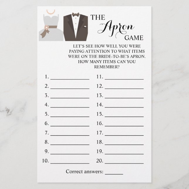 Apron Shower Bride and Groom Game Card Flygblad (Framsidan)