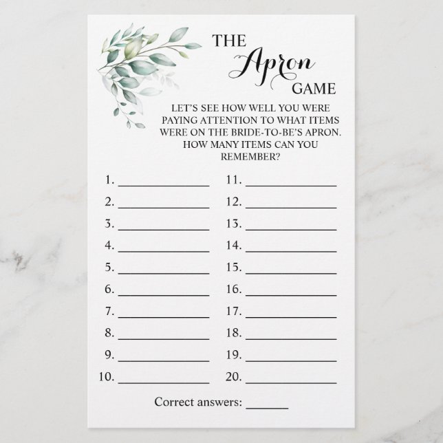 Apron Shower Greenery Eucalyptus Game Card Flygblad (Framsidan)