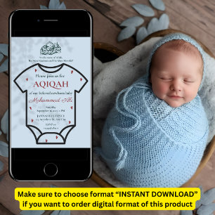 Aqiqah Blå Kroppsstrumpa Baby Pojke Muslimsk Islam Inbjudningar