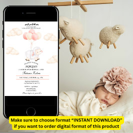Aqiqah Cute Rosa Sheep Balloon Flicka Muslim Inbjudningar