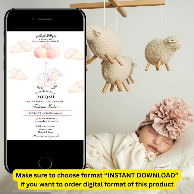 Aqiqah Cute Rosa Sheep Balloon Flicka Muslim Inbjudningar (Skapare uppladdad)
