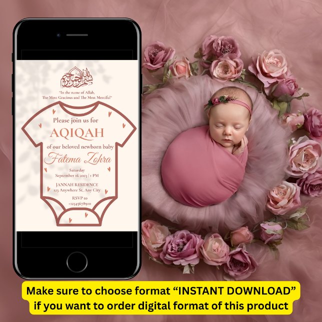 Aqiqah Rosa Kalasbyxa Babyflicka Muslimska Islamis Inbjudningar (Skapare uppladdad)