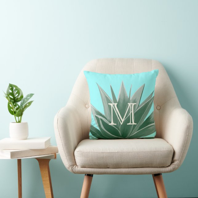 Aqua Aloe Succulent Ivory Monogram Modern Pillow Kudde (Stol)