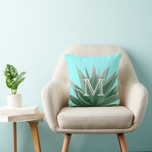 Aqua Aloe Succulent Ivory Monogram Modern Pillow Kudde