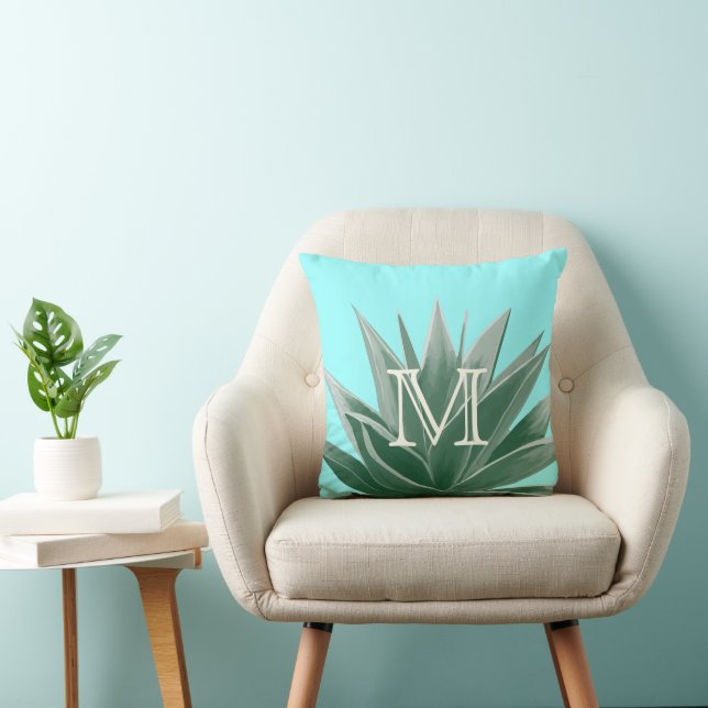 Aqua Aloe Succulent Ivory Monogram Modern Pillow Kudde (Stol)
