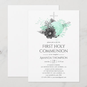 Aqua and Charcol Blommigt Rustic Heliga Communion Inbjudningar