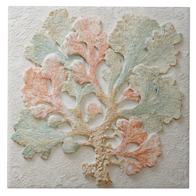 Aqua and Coral Coastal Sea Branch Art Kakelplatta (Framsidan)