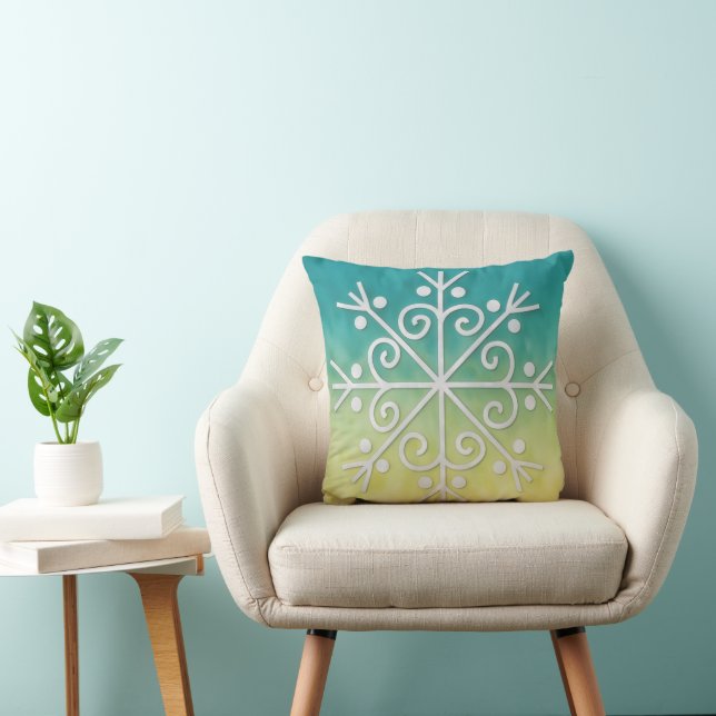 Aqua and Gold Ombre Snowflake Art Pillow Kudde (Stol)