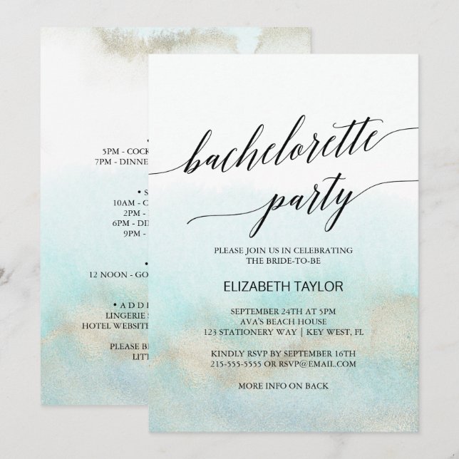 Aqua and Guld Watercolor Beach Bachelorette Party Inbjudningar (Fram/baksida)