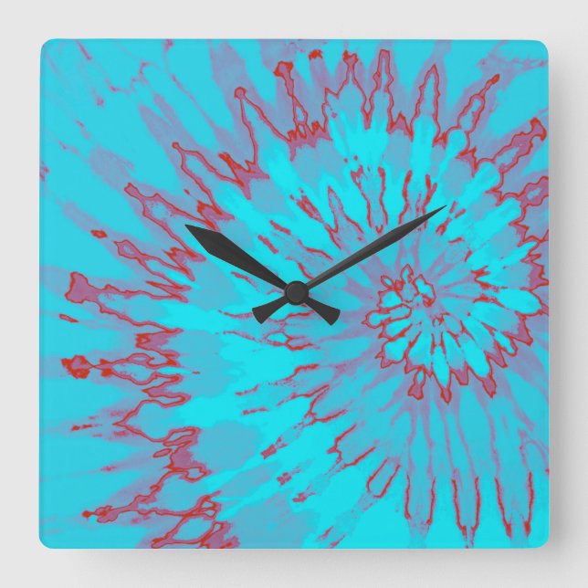 Aqua and Red Spiral Tie Dye Clock Fyrkantig Klocka (Framsida)