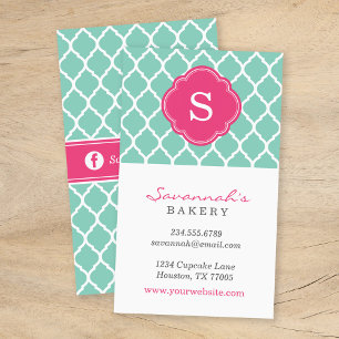 Aqua and Rosa Chic Moroccan Lattice Monogram Visitkort