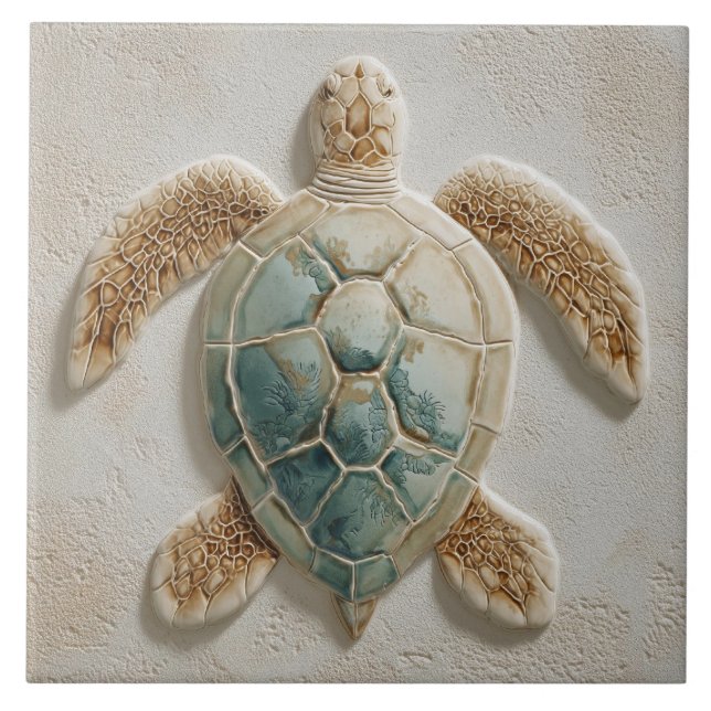 Aqua and Sand Coastal Sea Turtle Art Kakelplatta (Framsidan)