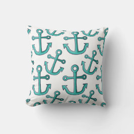 Aqua and White Anchors Nautical Kudde