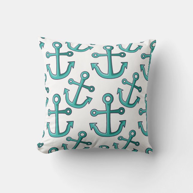 Aqua and White Anchors Nautical Kudde (Framsida)