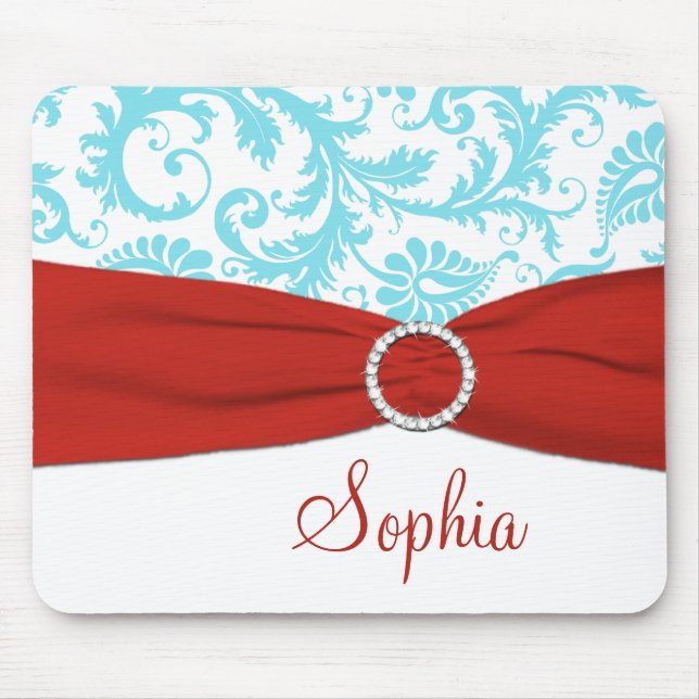 Aqua and White Damask, Faux Red Ribbon Mousepad Musmatta (Framsidan)
