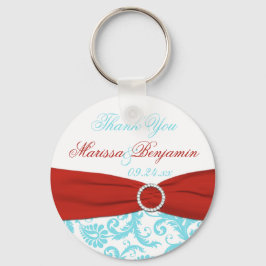 Aqua and White Damask with Red TrINTED Ribbon Nyckelring