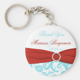 Aqua and White Damask with Red TrINTED Ribbon Nyckelring